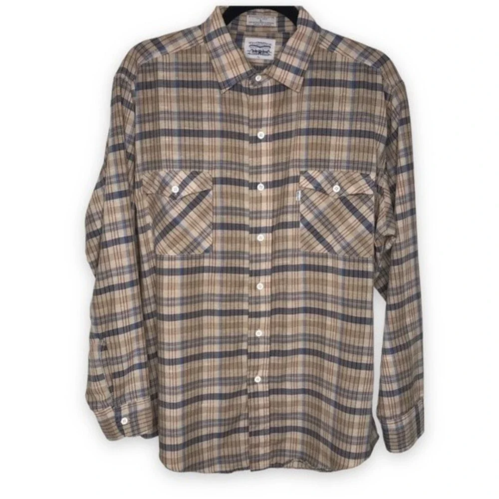 Vintage 1970s Levis Big E Tan Brown Plaid Button Front Long Sleeve Mens Large